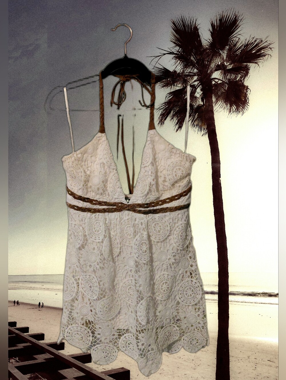 Sky Ivory Crochet Lace Halter Top Lined Large Suede Like Contrasting Woven Ties - Picture 10 of 12